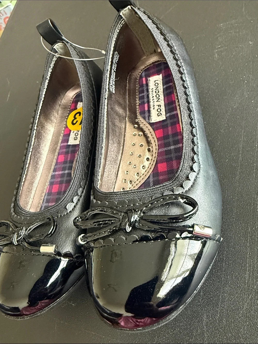 London Fog Girls' Black Patent Ballet Flats with Decorative Bow